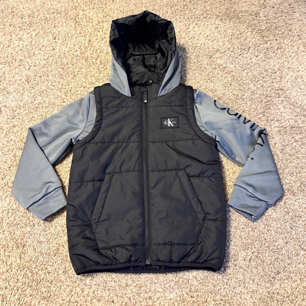 Calvin Klein Jeans Kids Puffer Vest Hoodie Combo Black And Gray Size 7